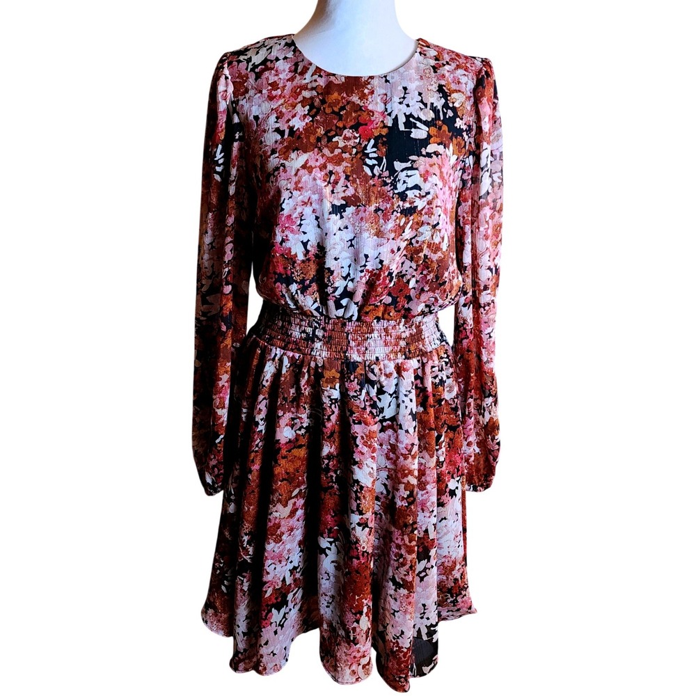 Sam and‎ Jess Womens Floral Smocked Waist Metallic Lurex Mini Dress Rust Pink M